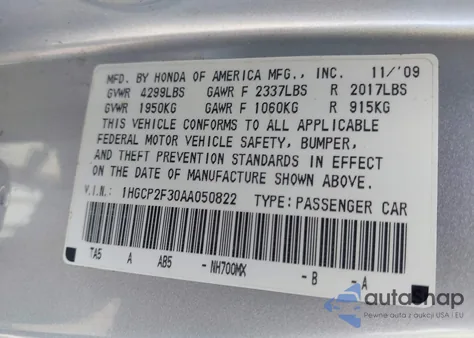 2010 Honda Accord 2.4 Lx z USA, uszkodzony, nr VIN 1HGCP2F30AA050822